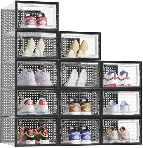 HOMIDEC Schuhboxen, 12er Set Schuhboxen Stapelbar Transparent, Faltbar Schuhorganizer Schuhaufbewahrung Schuhkarton für Schuhe bis Größe 45, Schwarz