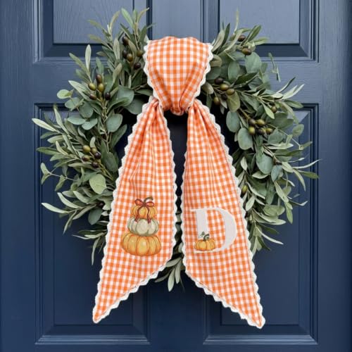 Fall Wreath Sash Bow Personalized Initial Wreath Sashes 54x5 in Autumn Wreath Ribbon for Front Door Monogram Garland Accessories Farmhouse Door Wreath Decor Pumpkins Monogram Embroidered Sash