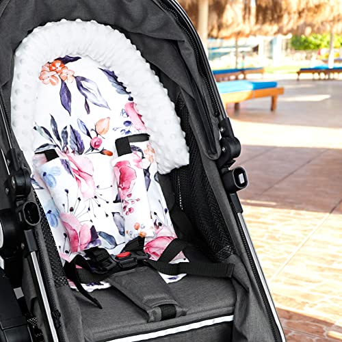 Image of Pea Pod Baby Car Seat Head Support and Body Support with 2 Strap Covers, Ultra Soft Warm Minky Dot Fabric Backing, Baby Essential for Newborn, Stylish Floral Printed