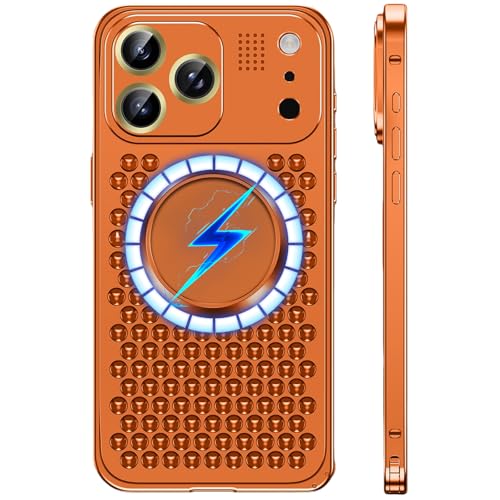 iPhone 17 Pro Max 用 ケース フルアルミニウムシェル通気放熱グリッド、MagSafe対応、メタルレンズガードスリム耐衝撃, オレンジ