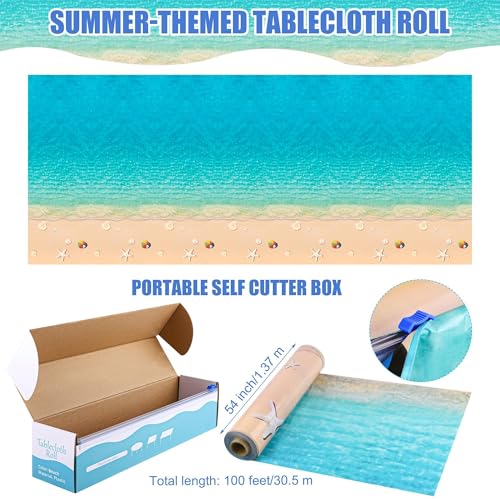 Image of Kochorie 100 Ft x 54 Inch Summer Beach Tablecloth Roll with Cutter Box Beach Themed Party Tablecover Disposable Beach Ball Plastic Tablecloth Ocean Backdrop for Summer Pool Birthday Party Supply