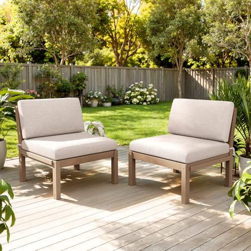 Image of Outdoor Patio Chairs Set of 2, HIPS Modular Sectional Seatings & Thick Cushions- Side Interlock Easy to Connect, Weatherproof Patio Furniture Set for Backyard, Deck, Poolside (Teak)