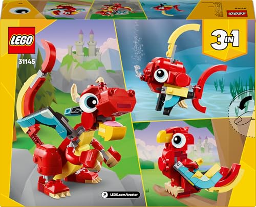 Creator 3 in 1 Drago Rosso, Giochi per Bambini e Bambine da 6 Anni Fan degli Animali, Action Figure Ricostruibile in Pesce con Pinne Mobili e Fenice Giocattolo, Idea Regalo di Compleanno 31145 - Lego - Immagine 9