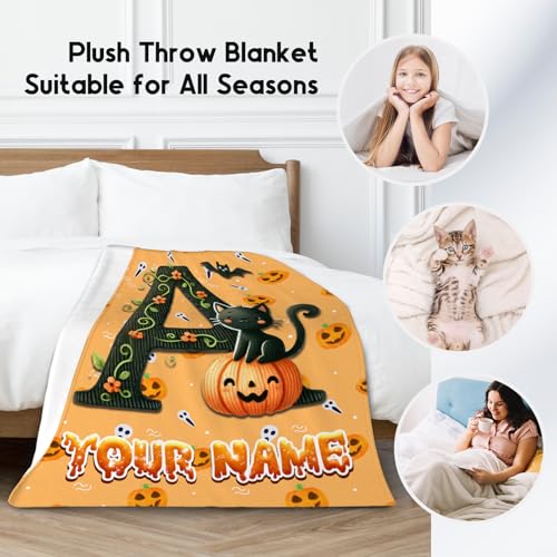 Halloween Blanket - Personalized Cat Initial Gifts for Kids - Custom Flannel Cozy Pumpkin Blankets for Halloween Decor