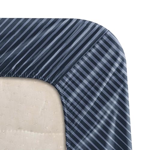 Image of BLISSHOME SoftTouch 150TC Cotton King Size Fitted Bedsheet with 2 Pillow Covers, Silky Smooth Bedding Set, Breathable, Easy Maintain, Geometric Pattern - Navy (183cm x 198cm + 25cm Drop)