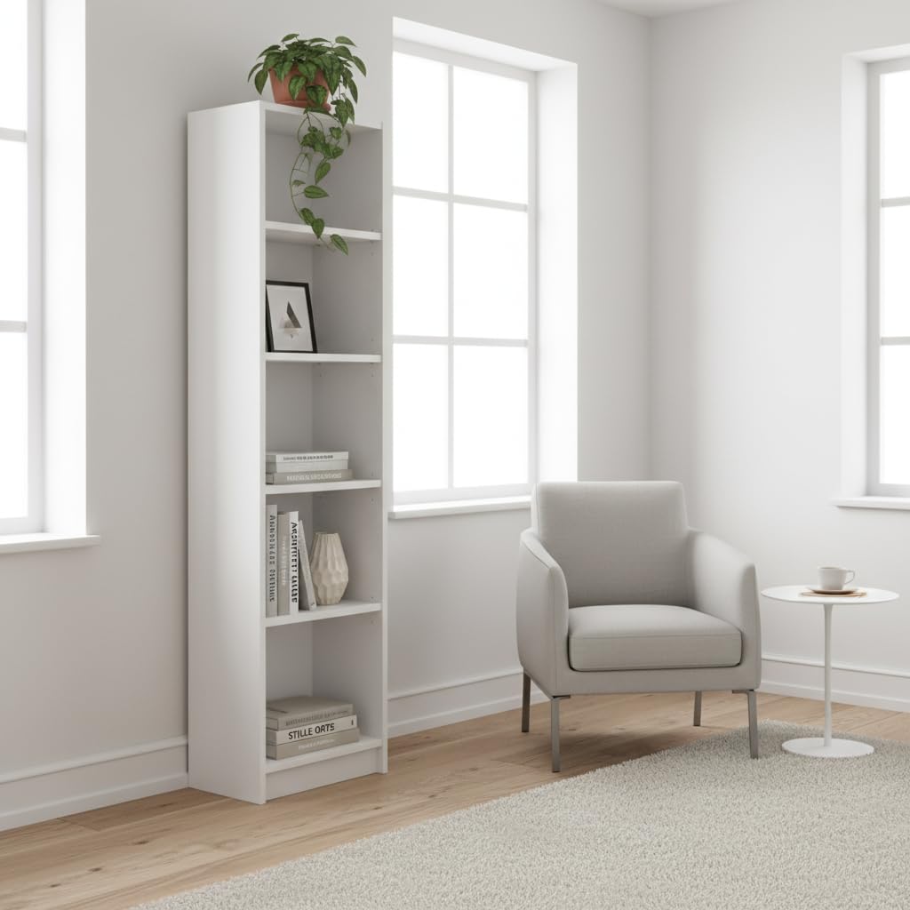 Librería blanca alta y estrecha 50x31x183 cm estantería libros con 5 baldas | La estantería de tablero melaminado ofrece espacio para libros, almacenaje y decoración en salón, dormitorio u oficina
