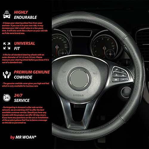 High End Genuine Premium Leather 14.5 Inch Steering Wheel Cover For Cars, Suvs, And Trucks, Universal Fit, Breathable, Perforated, Anti-Slippery, Sweat Absorbing (Black/Black, 14.5 Inches) #TOP4