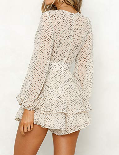 Relipop Women's Polka Dot Jumpsuits Deep V-Neck Long Sleeve Knot Front Ruffle Hem Rompers Beige