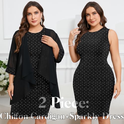 Image of ZOMVA Plus Size Sparkly Formal Dress Suit 2 Piece Mother of The Bride Groom Chiffon Jacket Outfit Cocktail Evening