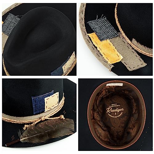 Image of RUEDIGER Wide Brim Fedora Hats for Men Women 100% Wool Felt Panama Rancher Hat with Lightning Logo Distressed /Burned Handmade