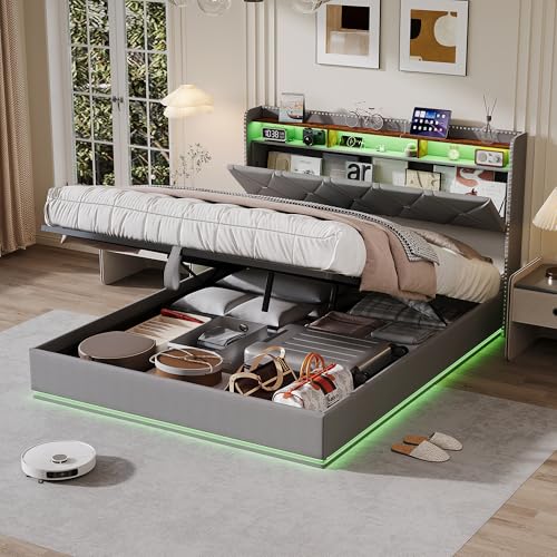 Letto 160x200 cm con contenitore, letto matrimoniale imbottito con LED
