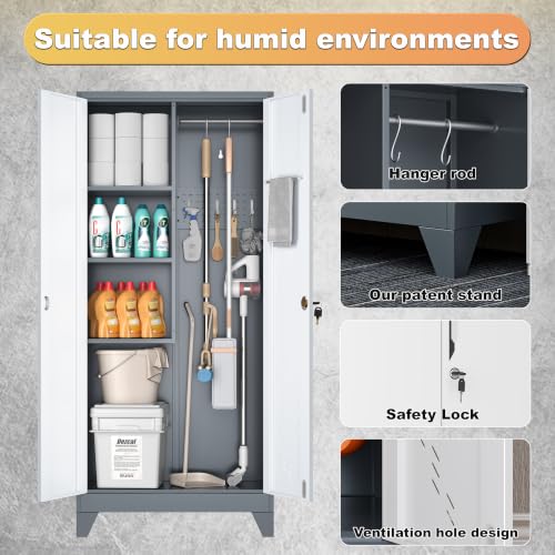 Image of 61 inch Metal Garage Storage Cabinet with Lock, Broom Closet Utility Cabinet
