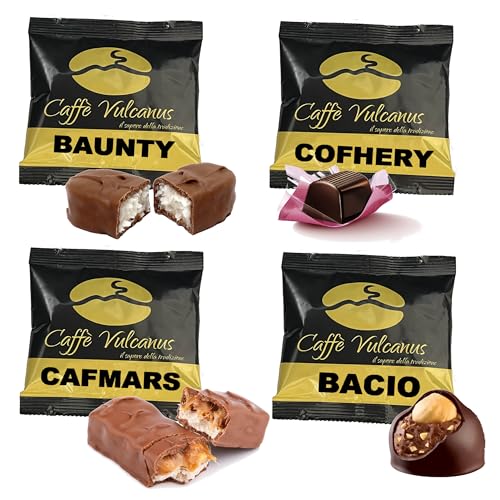 Caffè Vulcanus - Probierset 60 kompostierbare Papierpads ESE44 aromatisierter Kaffee - Bacio, Cafmars, Cofhery, Baunty