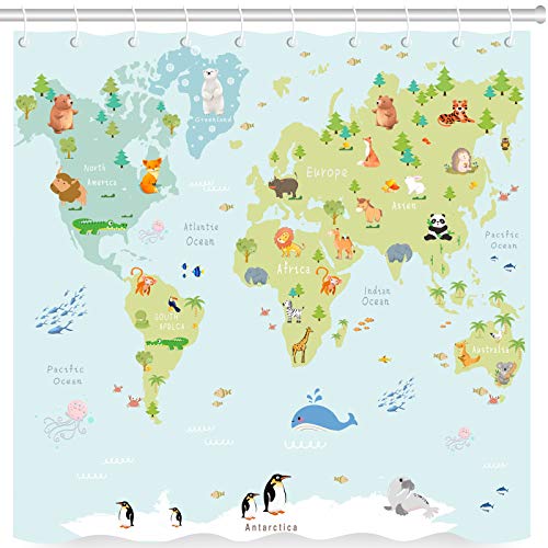 Animals Map of The World Cartoon Forests Fabirc Shower Curtain for Children Kids, Bathroom Decor Set with Hooks,71