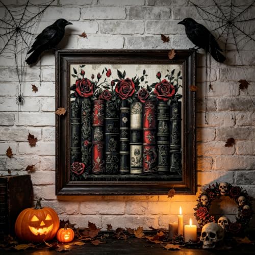 Image of Halloween Needlepoin Stamped Cross Stitch Embroidery Kits Arts and Crafts | Book Flowers Counted Cross Stitch Kits for Beginner Adult Crossstitching Printed Dimensions Patterns Stitch Embroidery Kits