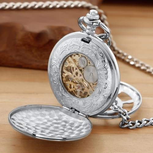 Image of Men's Mechanical Pocket Watch Black Rudder Pattern Double Open Hollow Roman Numerals Pocket Watch