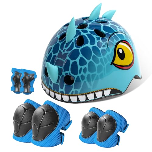 Toddler Kids Dinosaur Bike Helmet and Pad Set Adjustable Protective Gear with Knee Elbow Pads and Wrist Guard Bicycle Helmet Safety Gear for Child Boys Girls Ages 1-8