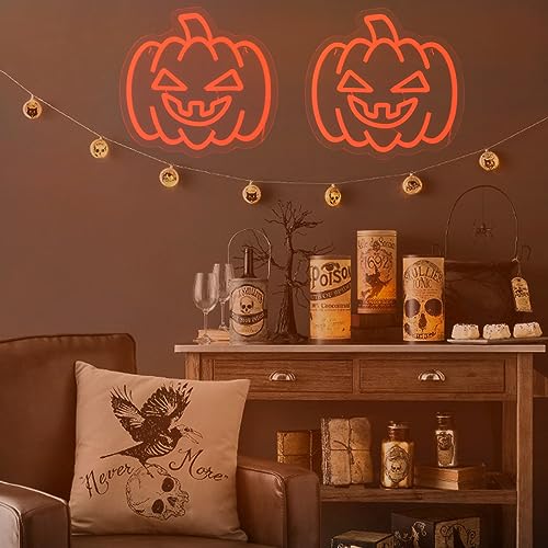 Image of Halloween Neon Sign - Pumpkin Neon Sign for Wall Decor with Dimmable Switch, Orange Pumpkin LED Light Up Sign Gift for Autumn Thanksgiving Halloween Decoration