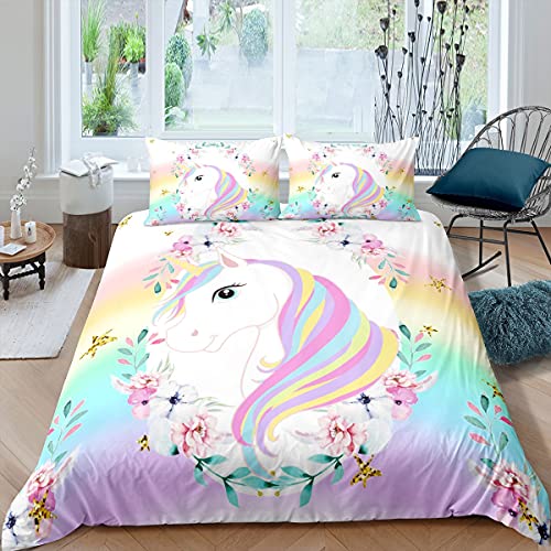 richhome Rêve Licorne Fille Housse de Couette 200x200cm Sept Couleurs Ornement de Fleurs Cheval Parure de Lit Licorne Animaux Literie Set Enfants Adolescentes Femmes...