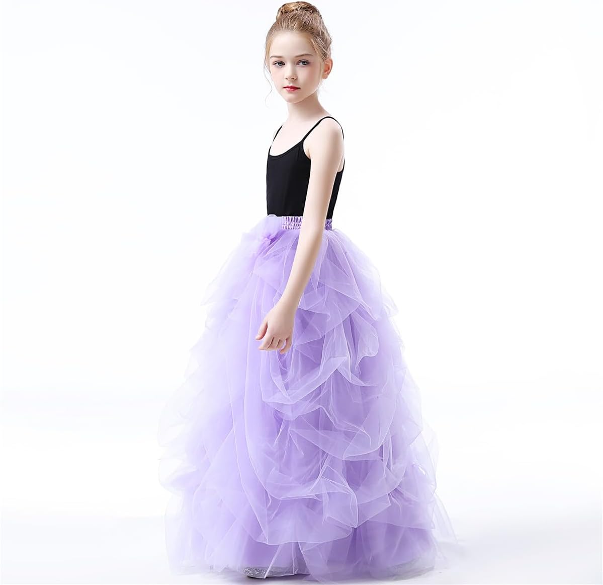 Qmker Girls Long Tutu Skirts Princess Slit Dress Candy Color Tulle Maxi Floor Length for Birthdany Party Handmade (4, Light Purple)