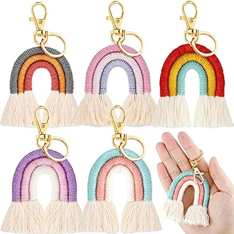 5 Piece Rainbow Keychain Macrame Weaving Tassel Car Keyring Holder Cover