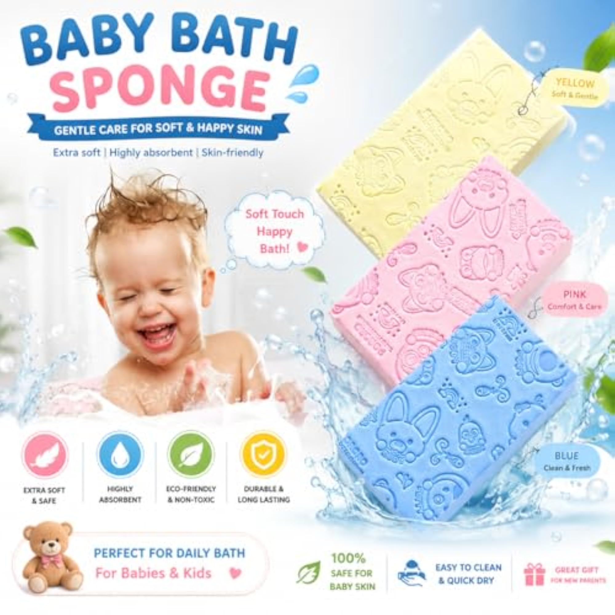 2 Pack Baby Bath Sponge for Kids, Ultra Soft Exfoliating