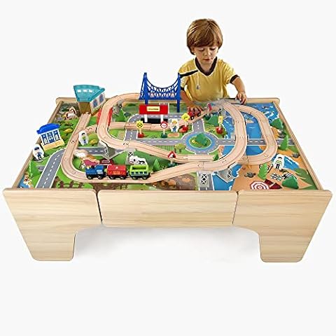 Hooga Wooden Kids Activity Table, Train Table With Wooden Track and 80 Piece Toy Set, 2 in 1 Multi Usage Kids Play Table With Storage Drawer Cover