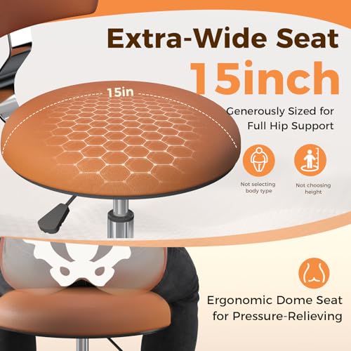 Image of Rolling Stool Chair with Wheels, Office Drafting Chair with Back Support, Height Adjustable Standing Desk Stool with PU Leather Cushion for Home Office Kitchen Vanity Spa Garage Tattoo Dentist, Camel