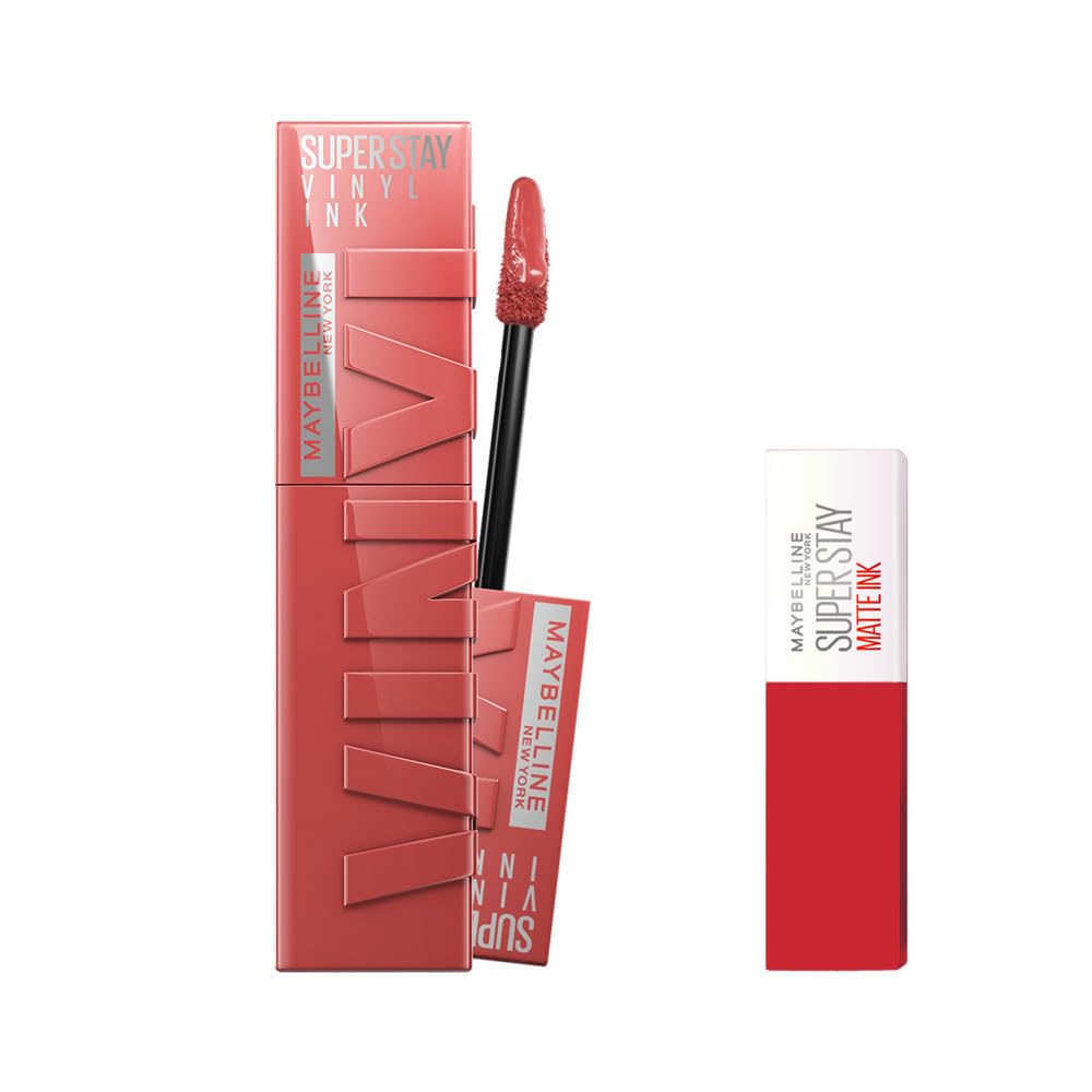 Maybelline New York Super Stay Vinyl Ink Uzun Süre Kalıcı Likit Parlak Ruj 15 Peachy & Mini Super Stay Matte Ink Likit Mat Ruj - 20 Pioneer Makyaj Seti