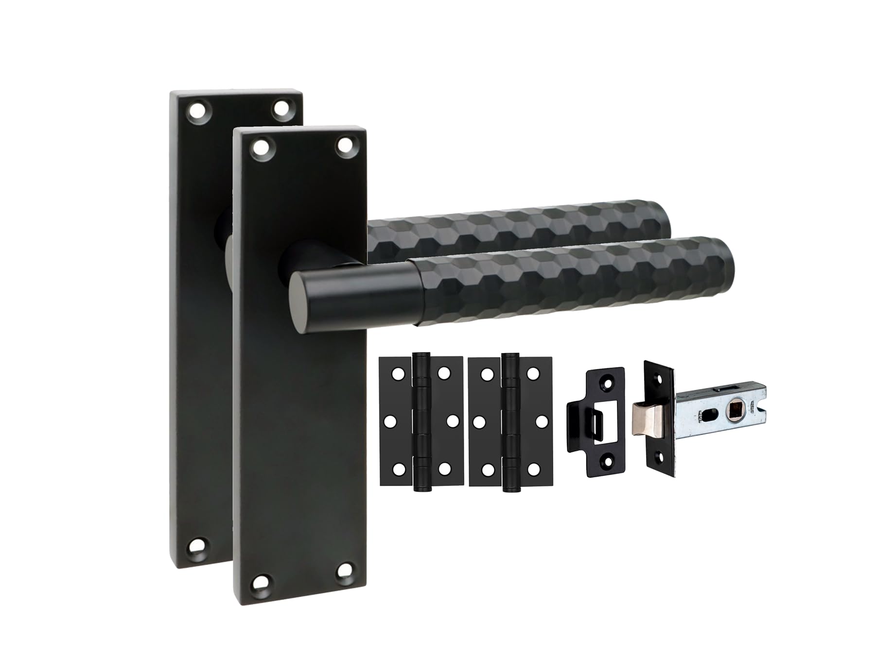 Golden Grace Matt Black 1 Pair Victorian Knurled Hex Cut Internal Door Handle Sets 150 X 40Mm With 2.5" Latch & Hinges
