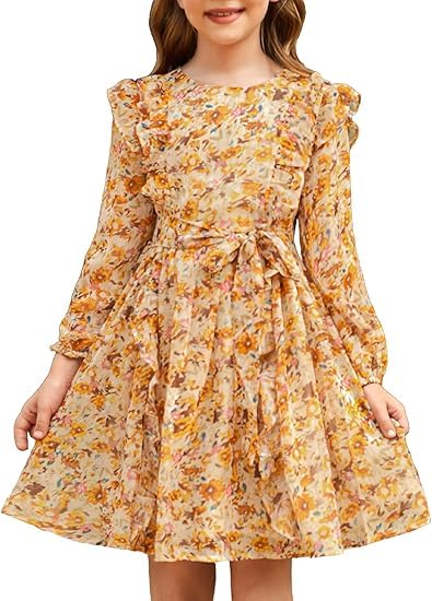 GRACE KARIN Vestido floral casual de otoño para niñas, vestido de una línea, cuello redondo, vestido de manga larga, Flor de Arroz Amarillo-Marrón, 8 años