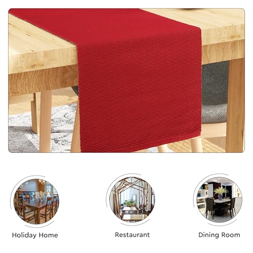 Image of Encasa XO Dining Table Runner for 4 to 6 Seater| Yarn Dyed Fine Ribbed Cotton | Size 32x183 cm | Solid Red | Machine Washable