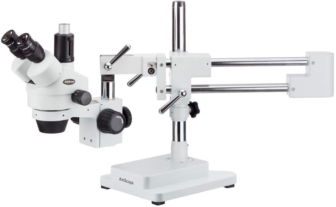 Side view of AmScope Trinocular Stereo Microscope on boom stand