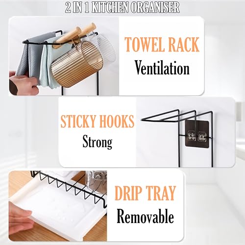 Image of Livzing 2-in-1 Metal Kitchen Sink Organizer & Towel Rack - Metal Sponge & Soap Holder with Drip Tray for Kitchen Sink, Countertop or Wall-Mount Kitchen Storage Rack - Free-Standing Rack