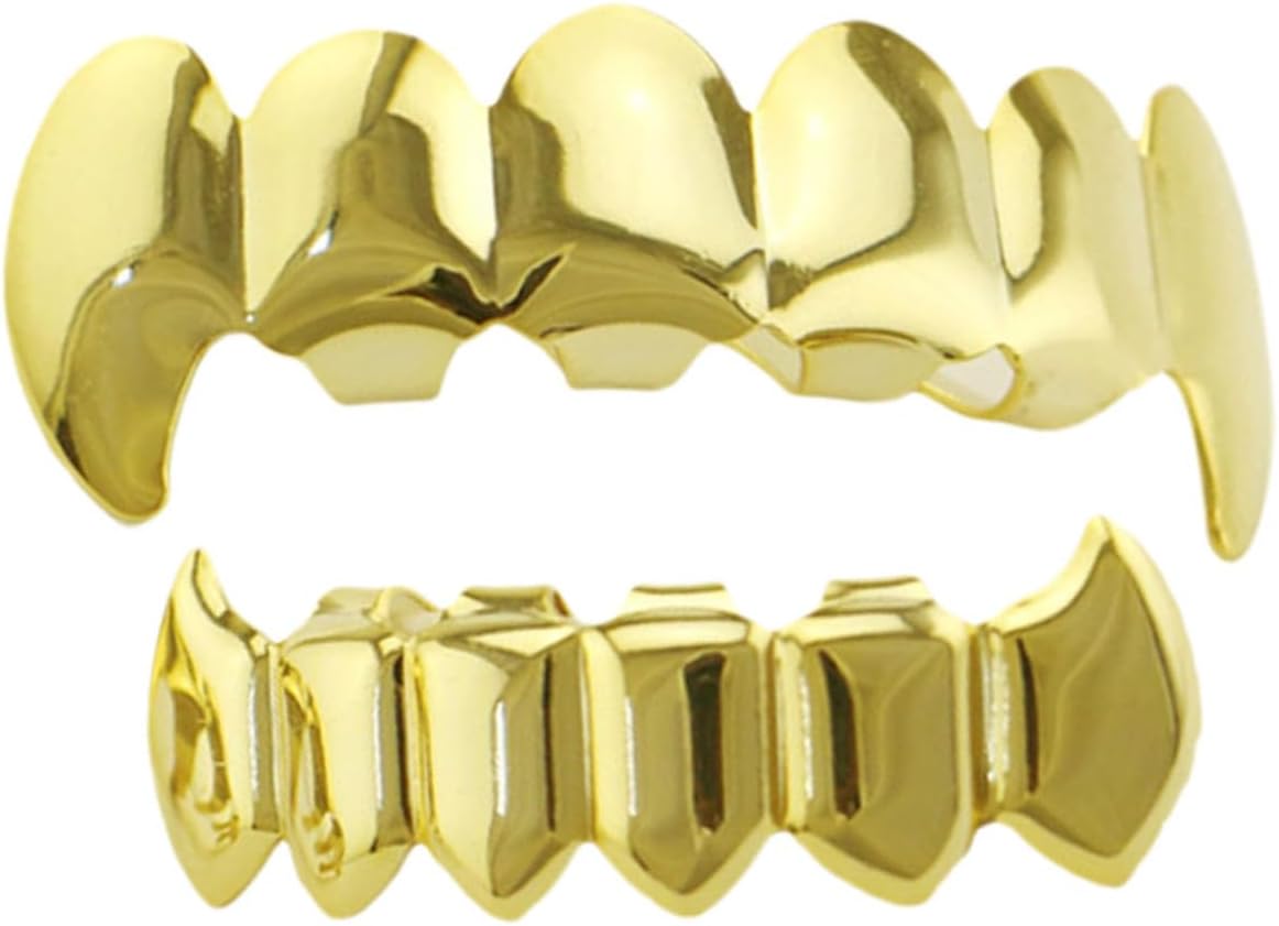 Mikikit Gold Hip Hop Teeth Grills Set, Metal Decorative Gold Teeth Cap, Women’s Halloween Party Dental Grill Accessory for Cosplay and Costume