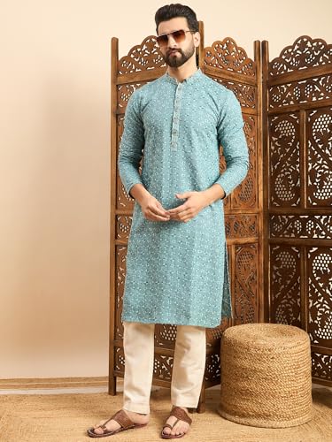 Image of Amazon Brand - Tavasya Men Rayon Geometric Embroidered Mandarin Collar Straight Kurta