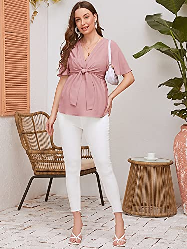 Floerns Women's Casual Maternity Flutter Sleeve Tie Front Peplum Blouse Tops Pink Xl #TOP4