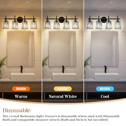Image of Crystal Bathroom Light Fixtures Over Mirror, Black 4-Light Bathroom Vanity Lights Over Mirror Modern Wall Lighting Sconces with Ceramic E26 Base (Bulbs Not Include)