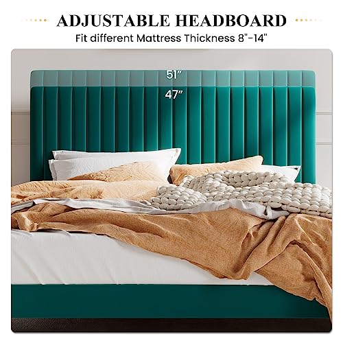 Image of SHA CERLIN Full Upholstered Platform Bed Frame with Vertical Channel Tufted Velvet Fabric Adjustable Headboard, Wooden Slats Support, Mattress Foundation, Box Spring Optional, Teal