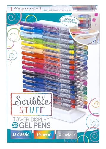 Scribble Stuff 32ct Gel Pens Tower, 32 Bright Fun Colors, an Assortment of 12 classic, 10 neon and 10 metallic fashion ink colors in display stand. Great for Kids,Teens and Adults!
