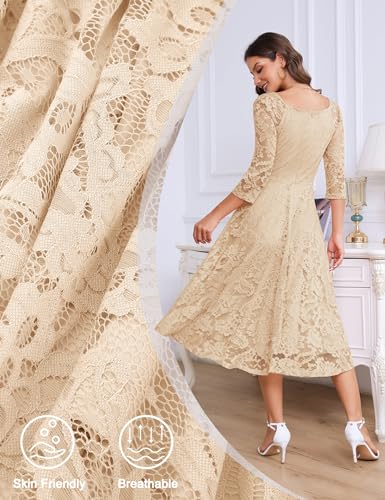 Image of Dressystar Womens Long-Sleeve Wedding Guest Dress A-Line Lace Formal Party Cocktail Midi Dress Prom Gown