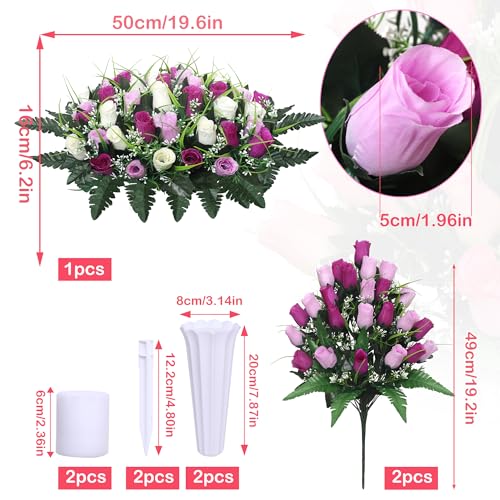 Lodou Artificial Cemetery Flower Saddles for Graves, Cemetery Memorial Flowers with Vase and 2 Memorial Bouquets for Grave Tombstone,Outdoor Grave Saddle Headstone Decorations (Pur image 3