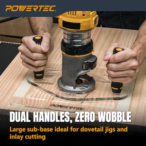 Image of POWERTEC Dual Grip Router Base Plate 6 inch x 11 inch Clear Acrylic Large Sub Base with Predrilled Holes for DeWalt Compact Router DWP611 and DCW600B - For Dovetail Jig, Inlay Template & Edge Routing (72314)