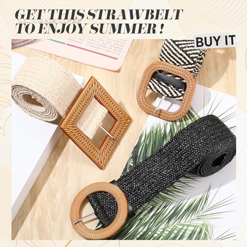 Image of Syhood 3 Pieces Straw Woven Elastic Waist Belt for Women Bohemian Dress Braided Belt