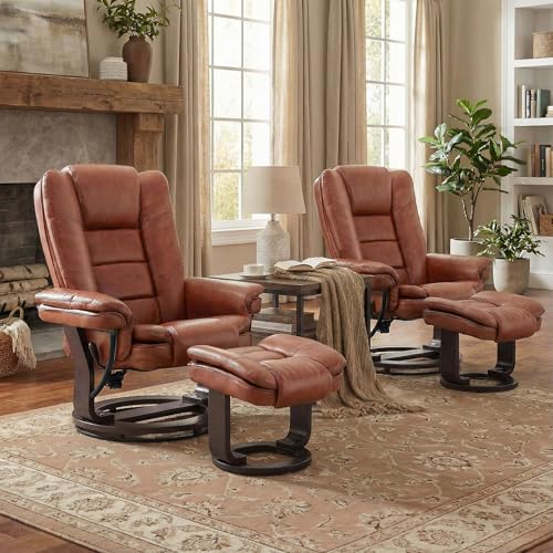 Image of Swivel Recliner Chair with Ottoman Reclining Lounge Sofa Footrest, Set of 2 | 360Sturdy Wood Base, Soft PU Leather, Upholstered Ultra-Plush Foam, Modern Armchair, Living Room Bedroom Office Reading Home