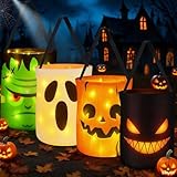 WILLBOND 4 Pcs Halloween Trick or Treat Bags for Kids Light up Pumpkin Ghost Candy Bucket 9.8 x 11.8 Inches Reusable LED Goodie Gift Tote Bag for Halloween Party Favors Supplies
