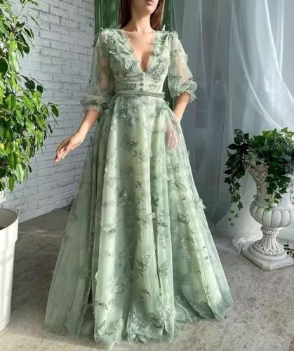 Long Tulle Prom Dresses V Neck Puffy Long Sleeve Formal Evening Gowns A Line Floor Length Party Dress with Pockets2