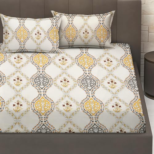 Image of IVAZA 240 TC Soft Ezyption Cotton Floral Print King Size Bedsheet - with 2 Pillow Covers, Hypoallergenic, Brethable, (Size-Size- 90 x 90 Inch | Gold White