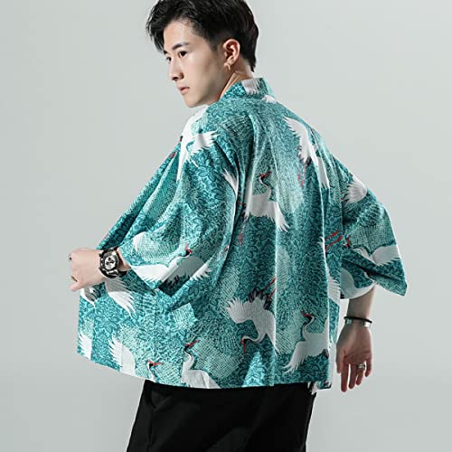 Men\'s Japanese Haori Jacket Kimono Noragi Cardigan 3/4 Sleeve Casual Happi Coat L1-Green X-Large