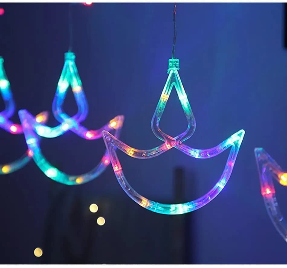 Image of 12 Diya 138 LED Curtain String Lights Window Curtain Lights with 8 Flashing Modes Decoration for Christmas, Wedding, Party, Home, Patio Lawn Multicolor (138 LED-Star)